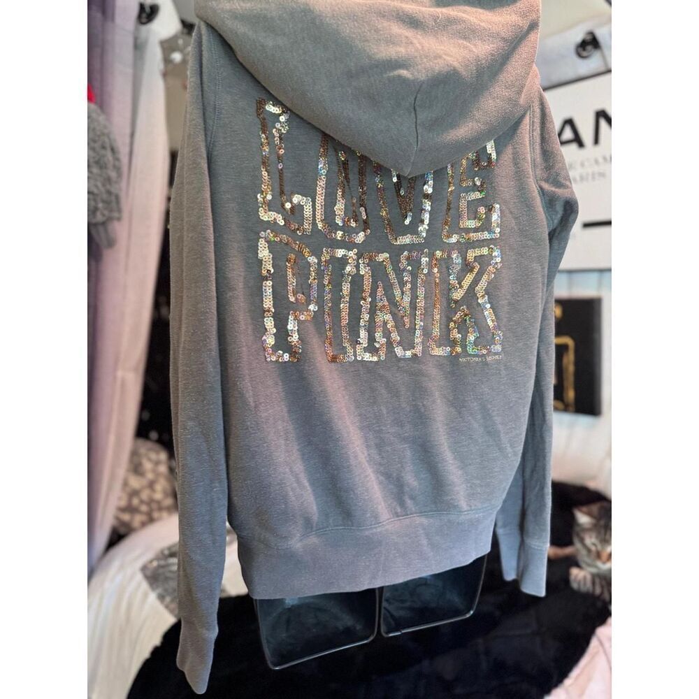 victorias vs victorias secret pink fur lined hooded full zip bling logo hoodie - Picture 2 of 6